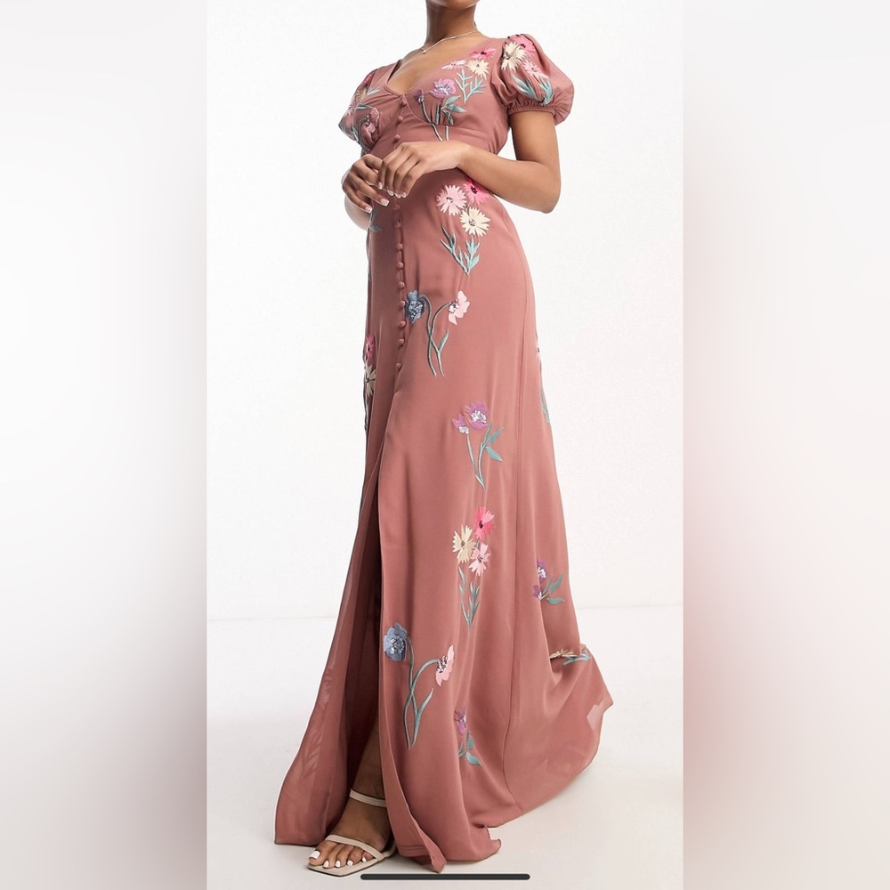 Maya puff sleeve embroidered maxi dress pink